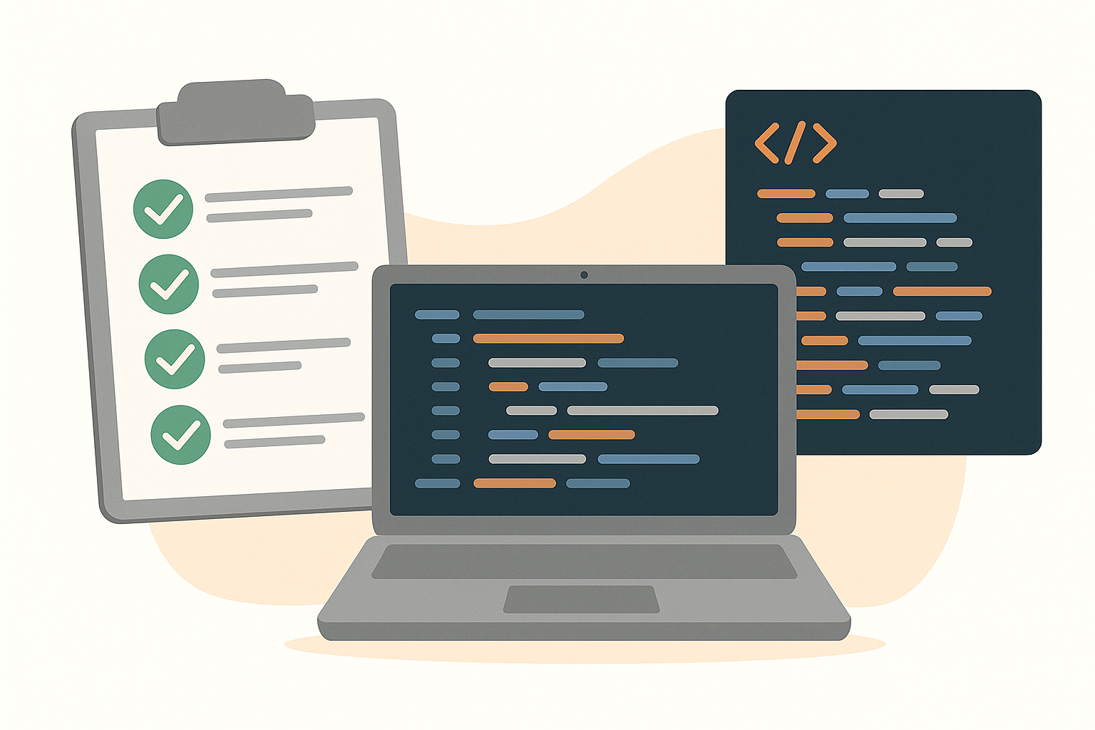 Визуальный коллаж, символизирующий процесс smoke-тестирования: чек-лист, ноутбук и код Иллюстрация чек-листа, ноутбука и кода как символов smoke-тестирования