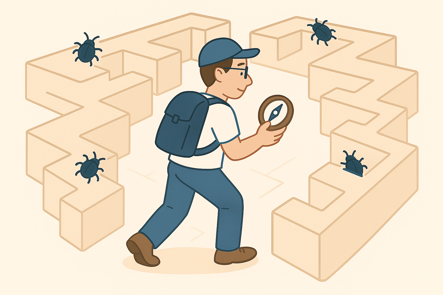 Иллюстрация тестировщика с компасом, который идёт по трёхмерному лабиринту с жучками-багами, символизируя исследовательское тестирование Исследовательское тестирование — ассоциация