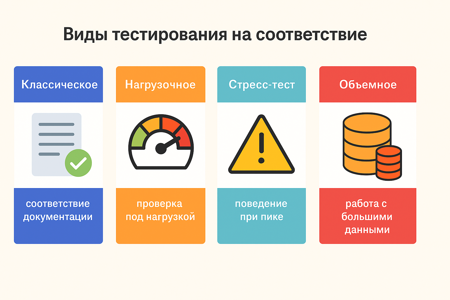 Основные виды compliance testing: как и зачем проверять ИТ-продукт на разных уровнях нагрузки и требований Инфографика на русском языке: виды тестирования на соответствие — классическое, нагрузочное, стресс-тестирование, объёмное