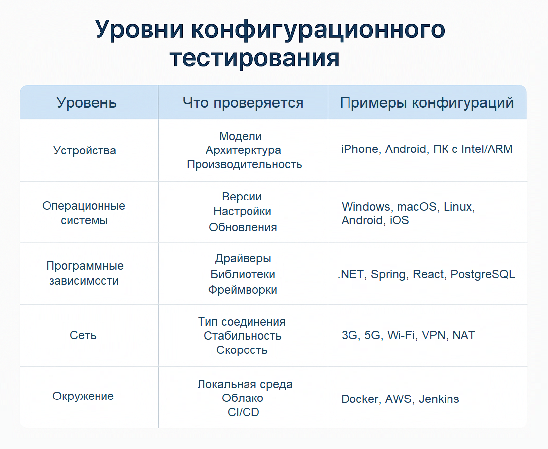 Уровни конфигурационного тестирования и примеры конфигураций по категориям Таблица с уровнями конфигурационного тестирования: устройства, ОС, зависимости, сеть и окружение